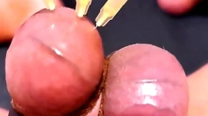 Testicle skewering cbt, edging & cumshot with 3 needles, precum & stretched balls