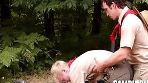 Camp trainer motivates twink to warm-up