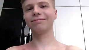 Cute waxy boy alone to a shower