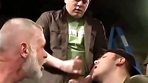 Mature men are rewarded hither facials after sucking cocks