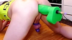 Mike trial run the big mean green boogeyman dildo for size while locked in chastity