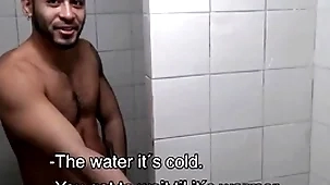 Two hot amateur young latino jocks paid cash by stranger to fuck in gym shower