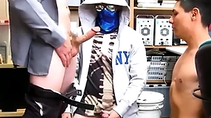 Two straight twinks caught fighting by security threesome with gay guard for freedom and no cops called