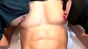 Amazing fit six pack and big pecs asian guy nipple played and sucked