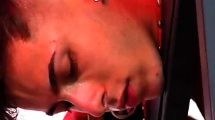 Sucking, spanking and jerking off a little lucky whore by a tattoed fucker