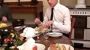 Twink waiter sucks and rides dick after someone's skin dinner funding