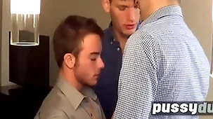 At hand office threesome with trans man