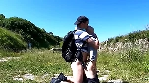Horny hikers end up having audacious public sex on bench