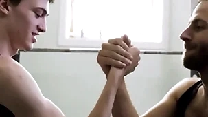 Twink step son fucked on the top of workout bench by step padre after an offshoot wrestling bet